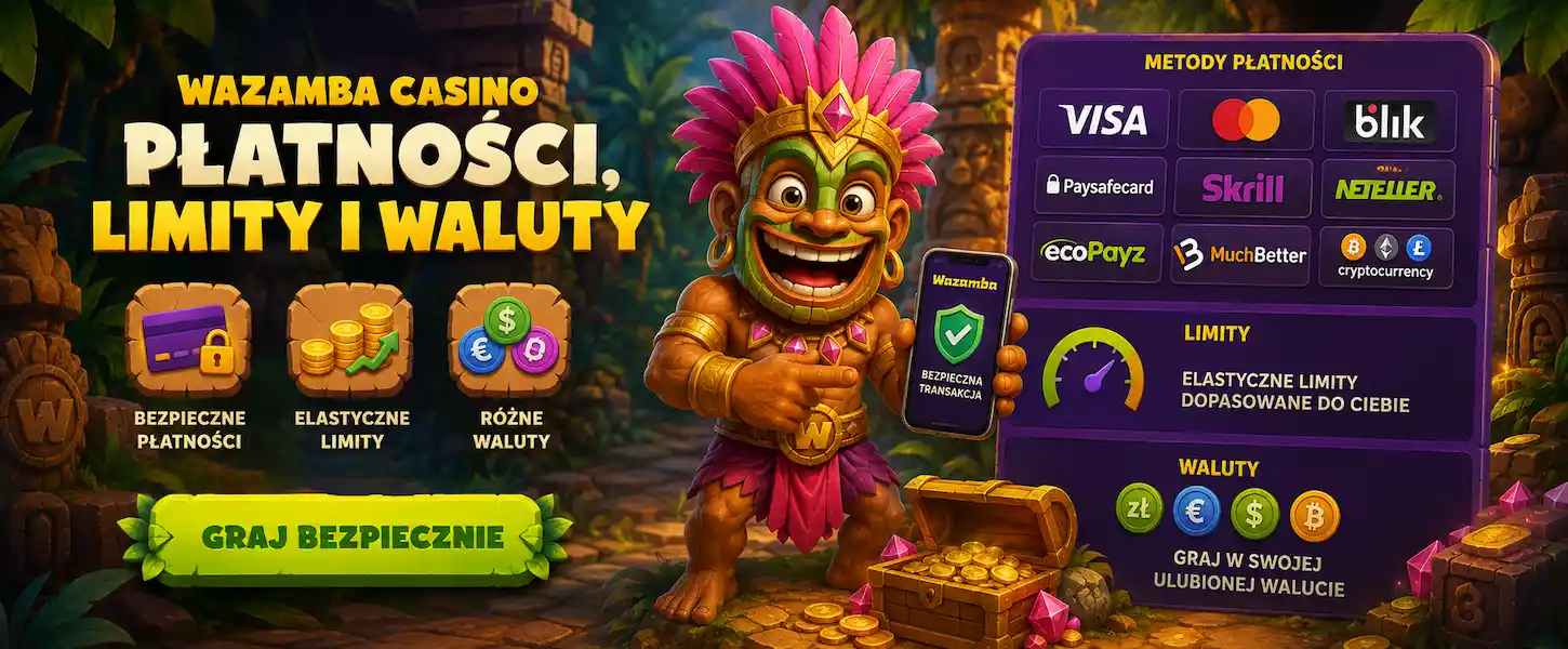 Płatności Wazamba obejmują wygodne metody wpłat i wypłat, limity oraz obsługę różnych walut.